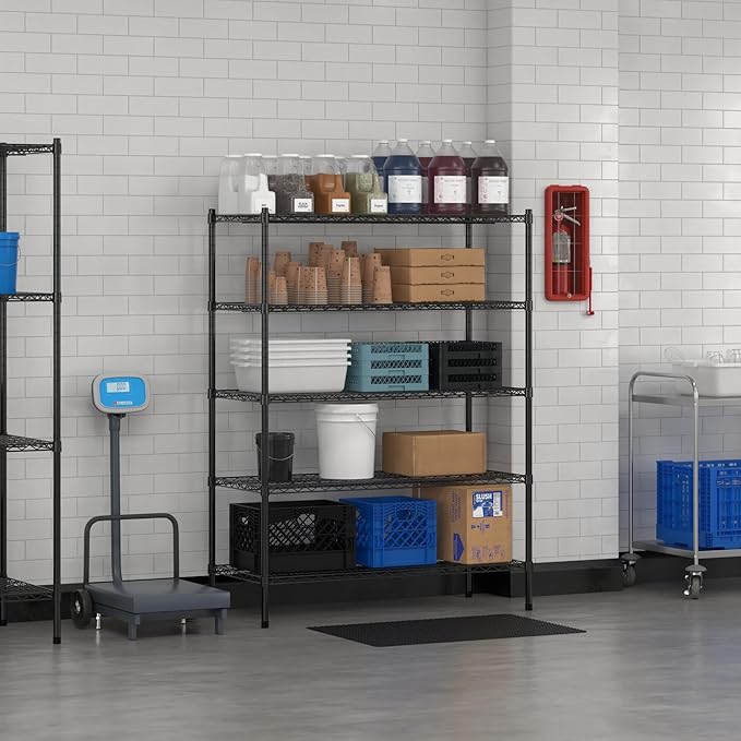 Commercial NSF Listed Black Epoxy Stationary Wire Shelving Kit 21" x 48" x 64", with 5 Shelves Perfect for Warehouse, Walk-in Refrigerator, Freezer, Grocery Store, Restaurant, Dishroom