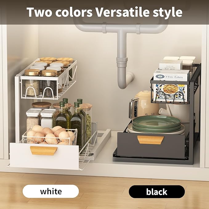 CHIKESI Under Sink Organizer - 2 Tier Pull Out Cabinet Organizer with Sliding Drawers, Adjustable Metal Storage Shelf for Kitchen & Bathroom, Space Saving Storage Solution (White, 1-Pack)