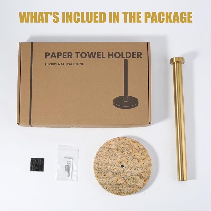 Koville Paper Towel Holder Countertop, Standing Paper Roll Holder with 6" Weighted Marble Base, Stone Paper Towel Holder with Gold Stainless Steel Rod for Kitchen Bathroom (Golden River)