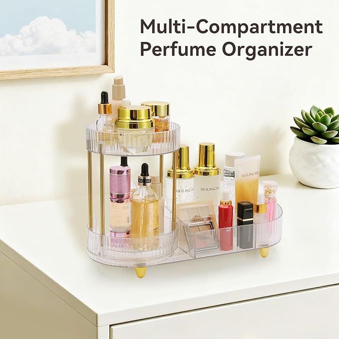 Makeup Organizer Rotating Perfume Tray 5-compartment Cosmetic and Skincare Organizers Makeup Brush Holder for Bathroom Vanity Bedroom Counter Countertop (Transparent-Golden Foot Mat)