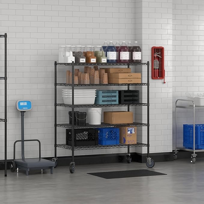Commercial NSF Listed Black Epoxy Mobile Wire Shelving Kit 24" x 48" x 60", with 5 Shelves Perfect for Warehouse, Walk-in Refrigerator, Freezer, Grocery Store, Restaurant, Dishroom