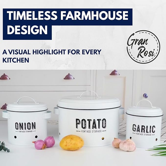 Granrosi Kitchen Vegetable Storage Set for Pantry & Countertop — Set of 3 Kitchen Containers Including Potato Bin, Onion Keeper & Garlic Storage; Rustproof Metal & Aeratic Holes; Farmhouse Style