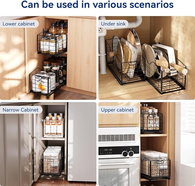 Narrow Cabinet Organizer,Carbon Steel Pull Out Cabinet Organizer,Fixed Heavy Duty Kitchen Cabinet Slide Out Shelves for Storing and Organizing Bathrooms, Kitchens, Bedroom (Black, Deep 16.7")