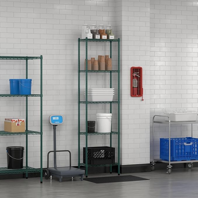 Commercial NSF Listed Green Epoxy Stationary Wire Shelving Kit 12" x 24" x 86", with 5 Shelves Perfect for Warehouse, Walk-in Refrigerator, Freezer, Grocery Store, Restaurant, Dishroom