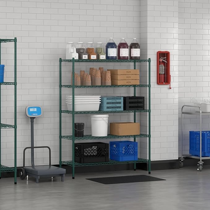 Commercial NSF Listed Green Epoxy Stationary Wire Shelving Kit 18" x 48" x 64", with 5 Shelves Perfect for Warehouse, Walk-in Refrigerator, Freezer, Grocery Store, Restaurant, Dishroom