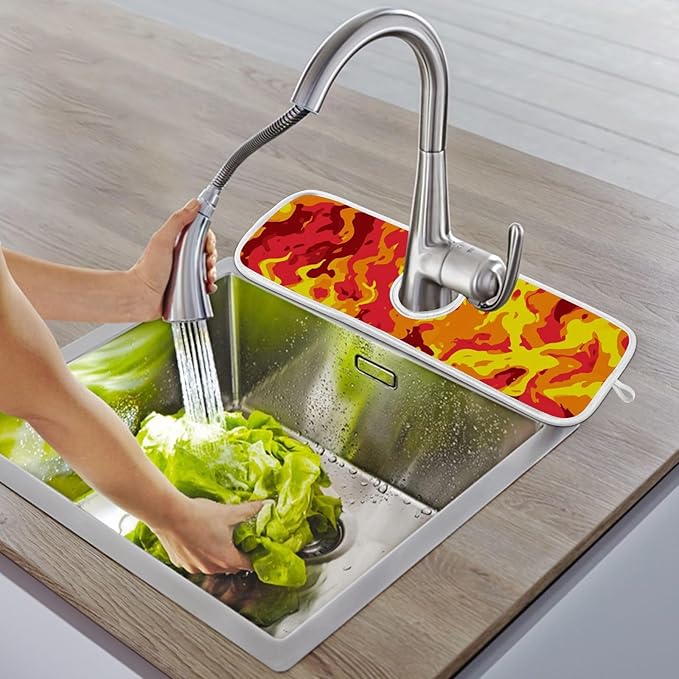 2 PCS Kitchen Sink Splash Guard 30 Inch Faucet Mat for Kitchen Sink Bathroom Sink Faucet Absorbing Drip Drain Mat Pad Microfiber Soft Washable Red and Yellow Flame