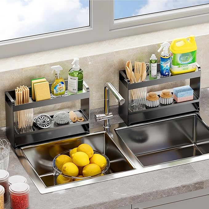 BREIS Sponge Holder for Kitchen Sink, Caddy Organizer with Rag Holder, Countertop Self-Draining Sponge Caddy, Rustproof Sink Storage Rack for Soap Dispenser Storage Accessories (2-Tier Gray)