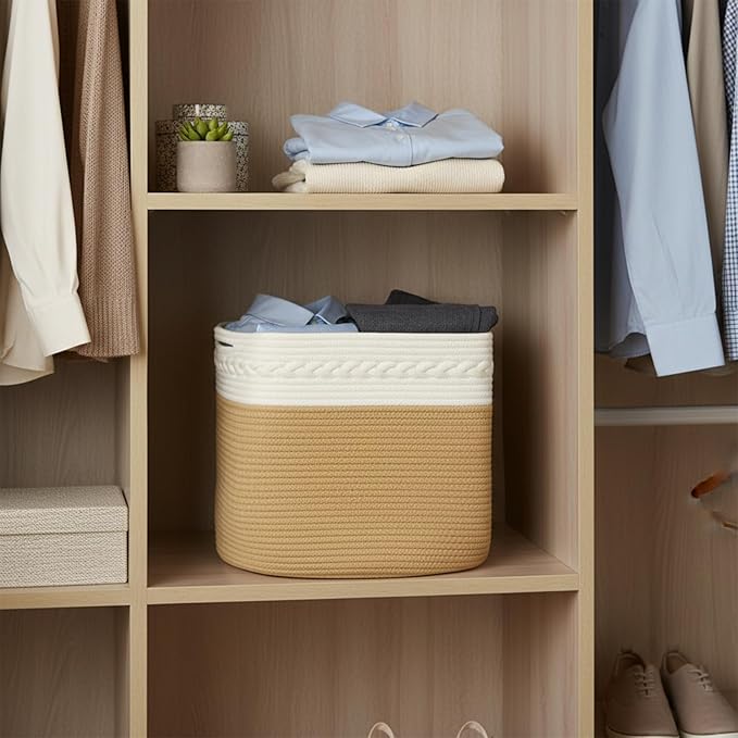 danpinera 3-Pack Cube Storage Bins, 13"x13" Cotton Rope Woven Baskets for Organizing, Square Storage Baskets for Shelves, Books, Towels, Clothes, Toys, White & Khaki