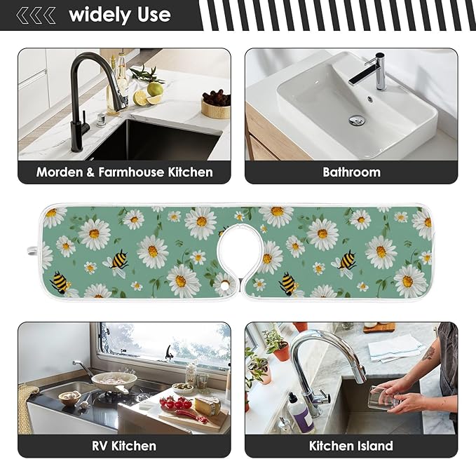 2 PCS Kitchen Sink Splash Guard 14.9 Inch Faucet Mat for Kitchen Sink Bathroom Sink Faucet Absorbing Drip Drain Mat Pad Microfiber Soft Washable Yellow and Green Daisy Bees