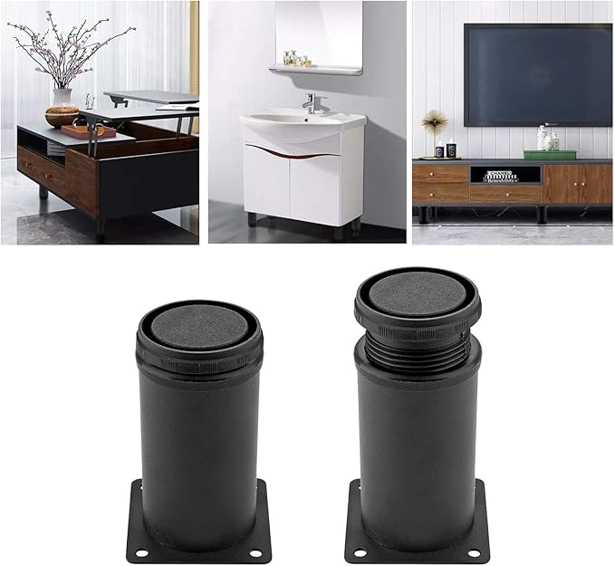 Set of 4 Stainless Steel Furniture Legs 4 Inch, Adjustable Round Cabinet Legs 2" Dia Kitchen Feet, Metal Replacement Legs for Cabinet Sofa Couch Shelves Table (Black)