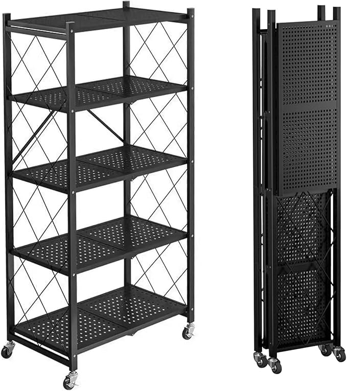 Foldable Storage Shelves with Wheels, Folding Shelving Units Storage, Heavy Duty Metal Collapsible Shelf No Assembly, Large Capacity Pop-Up Organizer for Garage,Kitchen,Living Room, 5-Tier Black