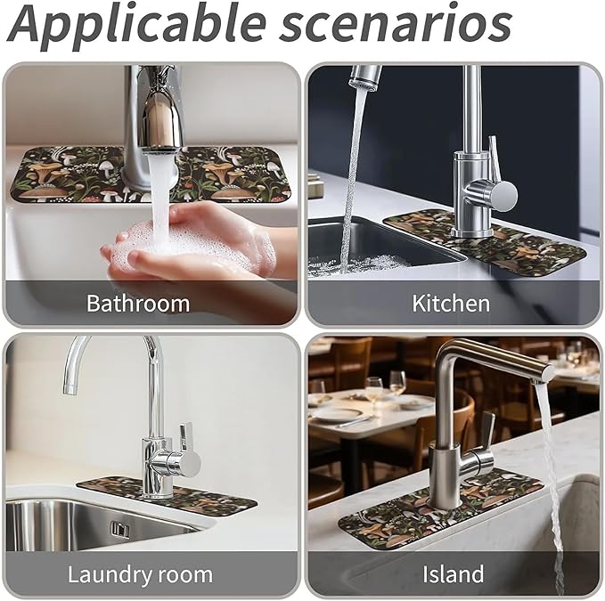 Kitchen Sink Splash Guard,Bobo mushrooms Faucet Mat Sink Gadgets-Super Absorbent Fast Drying Mat Drip Catcher for Kitchen, Bathroom,Sink Mat, Dish Drying Mat, Bathroom(15" X 5.5" )