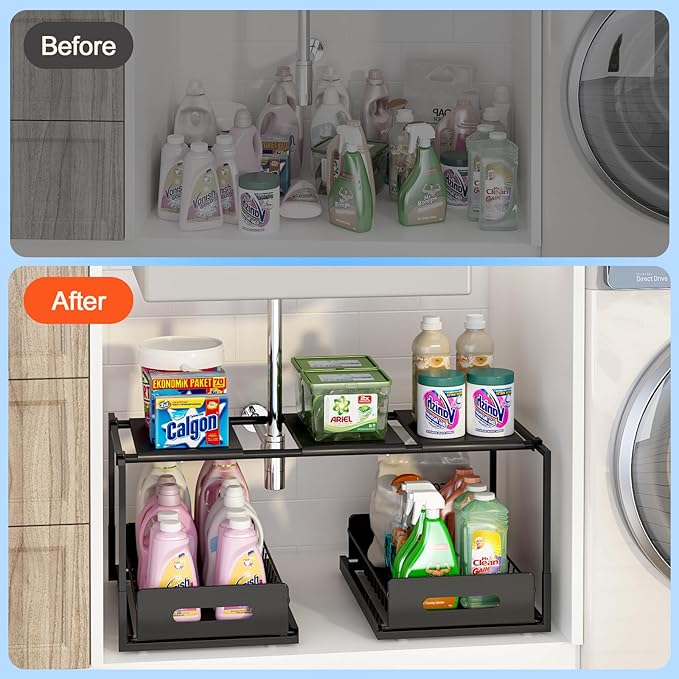 REALINN Extendable Under Sink Organizer, 2 Tier Pull Out Under Cabinet Organizer Shelf, Black Expandable Storage