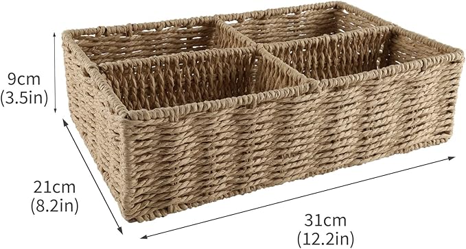 Snack Bar Station Organizer,Pantry Organizers and Storage Bins,Hand-Woven Snack Basket for Countertop,4 Compartments Snack Display Box Candy,Drink Packet,Chips,Spice Organizer,Natural Color