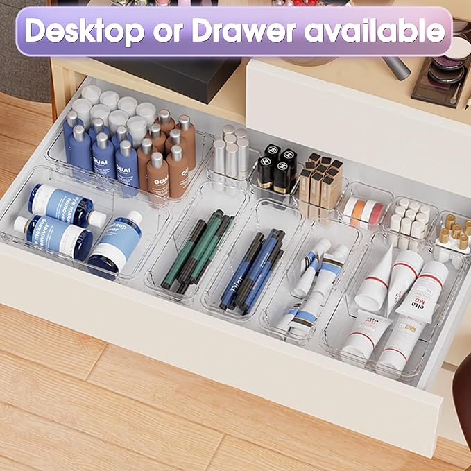 14 Pcs Extendable Clear Drawer Organizer, Adjustable Vanity Storage Box, 3-Size Desk Drawer Organizer, Non-Slip Storage Bins for Cosmetics, Jewelries, Stationeries, Tools, Cutleries, Toiletries
