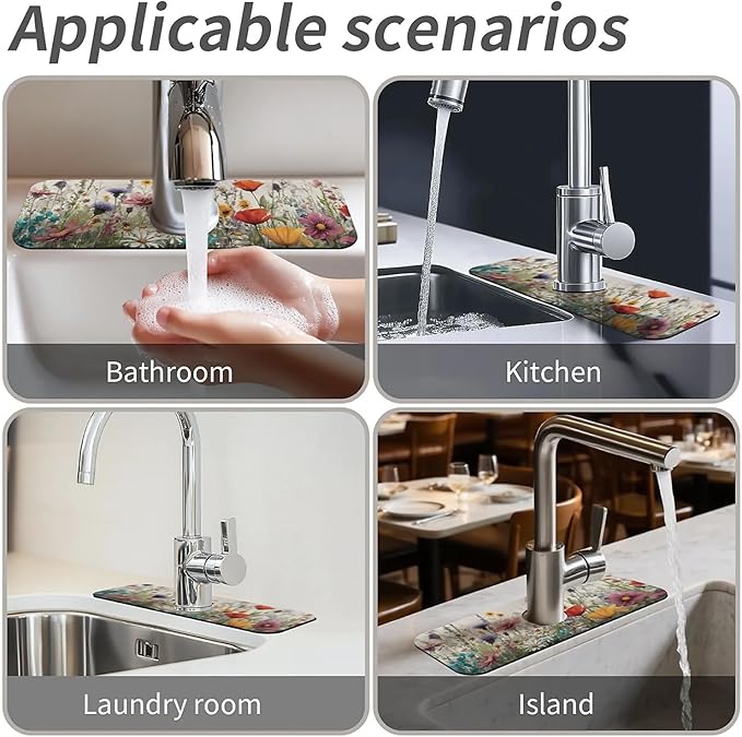 Kitchen Sink Splash Guard,wildflowers-in the meadow Faucet Mat Sink Gadgets-Super Absorbent Fast Drying Mat Drip Catcher for Kitchen, Bathroom,Sink Mat, Dish Drying Mat, Bathroom(15" X 5.5" )