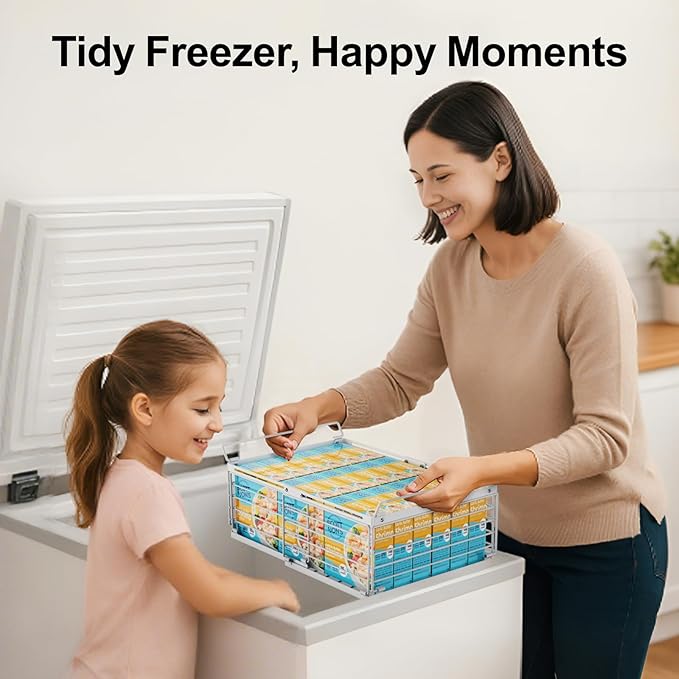 iSPECLE Freezer Organizer Bins - Fit 10 to 20 Cu.FT Deep Freezer, 4 Pack Expandable Stackable Large Chest Freezer Organizer Bins Sort Food, Easily Get Food from Bottom Better Ventilation, White