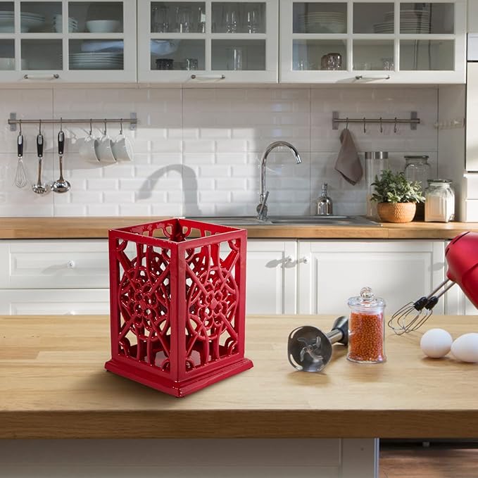 jogreful Utensil Holder, Cast Iron Kitchen Utensil Crock for Countertop, Extra Large Utensil Organizer with Weighted-Base, Housewarming Vintage Decor, Flower Pattern, Red