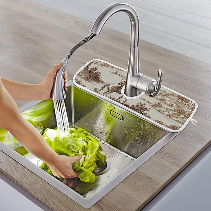 2 PCS Kitchen Sink Splash Guard 30 Inch Faucet Mat for Kitchen Sink Bathroom Sink Faucet Absorbing Drip Drain Mat Pad Microfiber Soft Washable Brown Red Cowboys Horses Cactus Desert