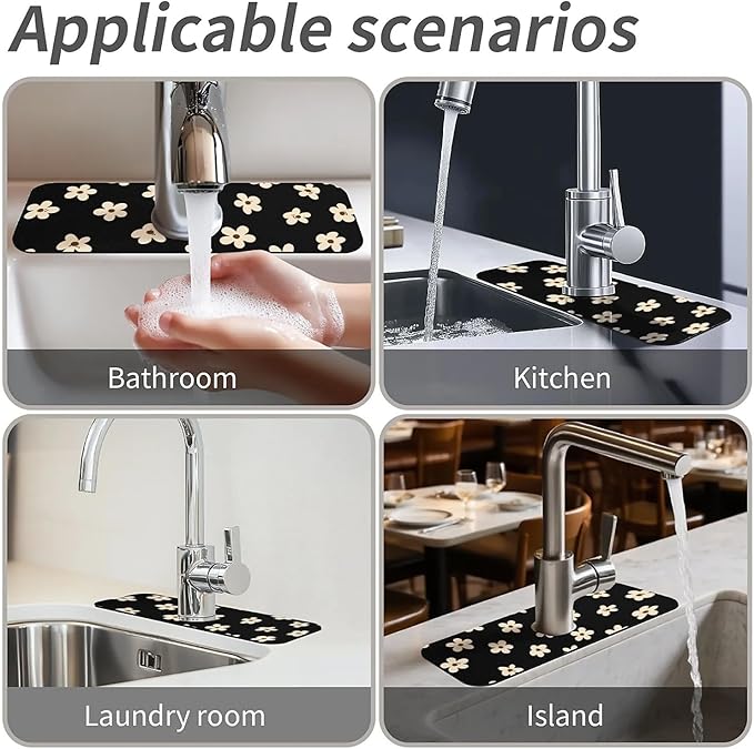 Kitchen Sink Splash Guard,Cream flowers Faucet Mat Sink Gadgets-Super Absorbent Fast Drying Mat Drip Catcher for Kitchen, Bathroom,Sink Mat, Dish Drying Mat, Bathroom(15" X 5.5" )