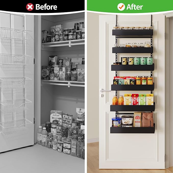 Over the Door Pantry Organizer, 6-Tier Pantry Organizers and Storage, Metal Hanging Spice Rack for Home & Kitchen, Laundry Room Bathroom Organization, Black