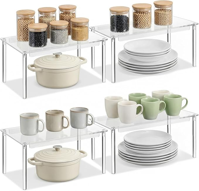 Clear Acrylic Cabinet Organizer, Set of 4 Stackable Shelf Risers, Spice Rack for Kitchen Pantry Storage, Countertop and Desk Organizer, House Essential Gift