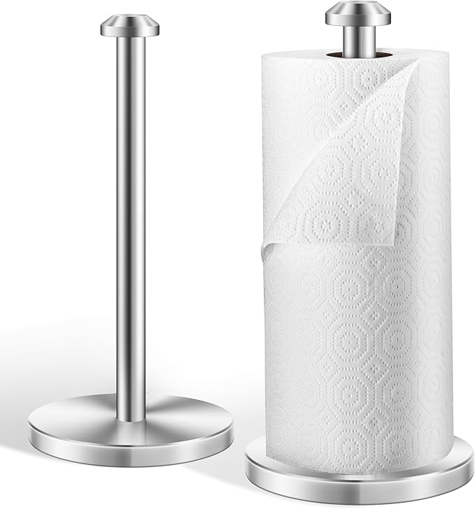 AOSION 2 Piece Stainless Steel Weighted Paper Towel Holder Countertop, Silver Vertical Kitchen Bathroom Paper Towel Holder, with Non-Slip Base