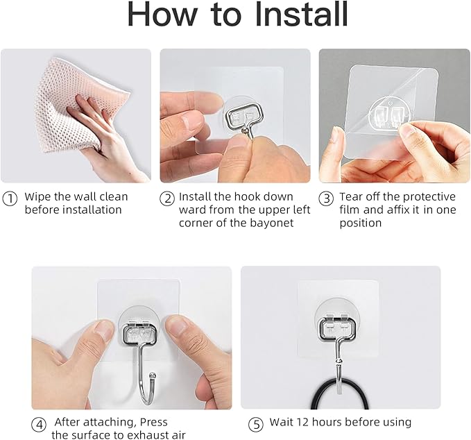Strjobaili 12 Pack Large Adhesive Hooks for 44 lb(Max) Hanging Heavy Duty, Self Adhesive Sticky Hooks Waterproof Stainless Steel Wall Hook for Home Bathroom Shower Kitchen Outdoor Utility Hooks
