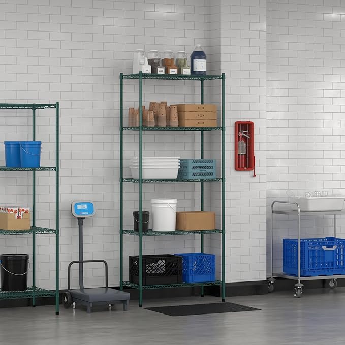 Commercial NSF Listed Green Epoxy Stationary Wire Shelving Kit 18" x 36" x 86", with 5 Shelves Perfect for Warehouse, Walk-in Refrigerator, Freezer, Grocery Store, Restaurant, Dishroom