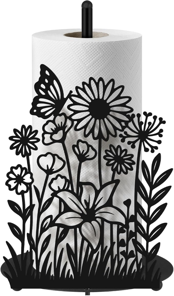 Wildflower Paper Towel Holder Black Metal Paper Towel Holder Large Decorative Tissue Stand Kitchen Decor Accessories for Home Party Bathroom Countertop Dining Table
