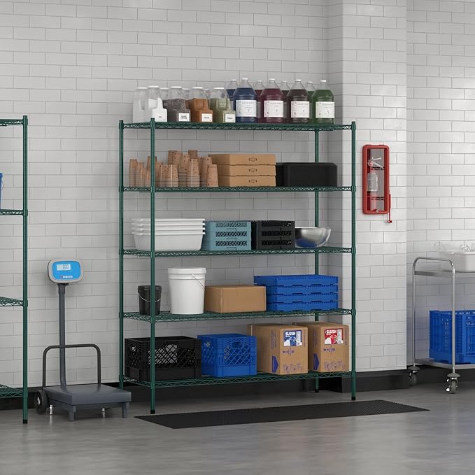 Commercial NSF Listed Green Epoxy Stationary Wire Shelving Kit 21" x 60" x 74", with 5 Shelves Perfect for Warehouse, Walk-in Refrigerator, Freezer, Grocery Store, Restaurant, Dishroom