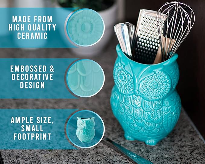 Comfify Owl Utensil Holder Decorative Ceramic Cookware Crock & Organizer, in Lovely Aqua Blue Color - Utensil Shaped Caddy and Perfect Kitchen Ceramic Decor Gift for Countertop - 5” x 7” x 4” Size