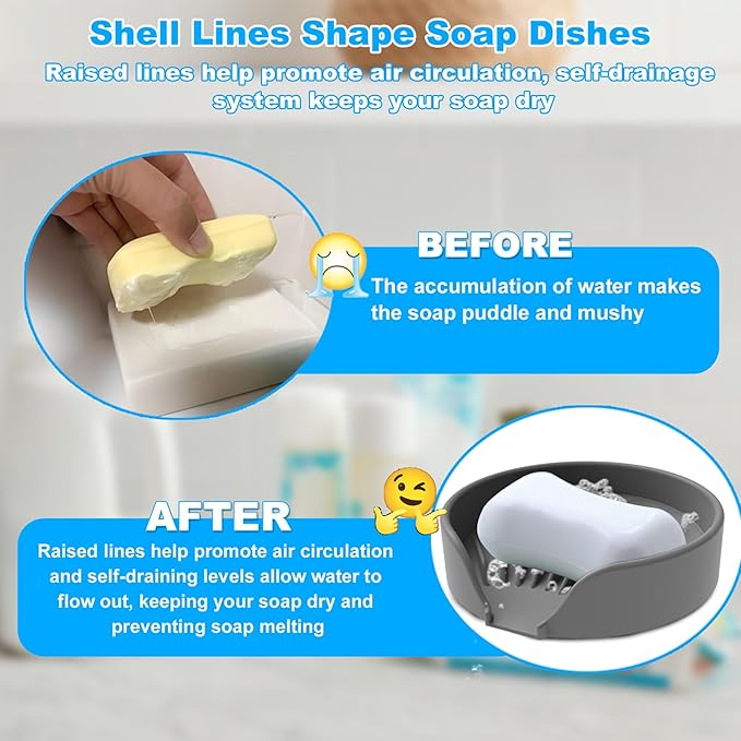 Self Draining Soap Dish, Silicone Soap Holder with Suction Cup and Drain Spout, Kitchen Bathroom Sink Organizer, Dish Soap Bar Tray Savers Sponge Holder, Perfect for Dispenser, Scrubber, Bottle, Cup