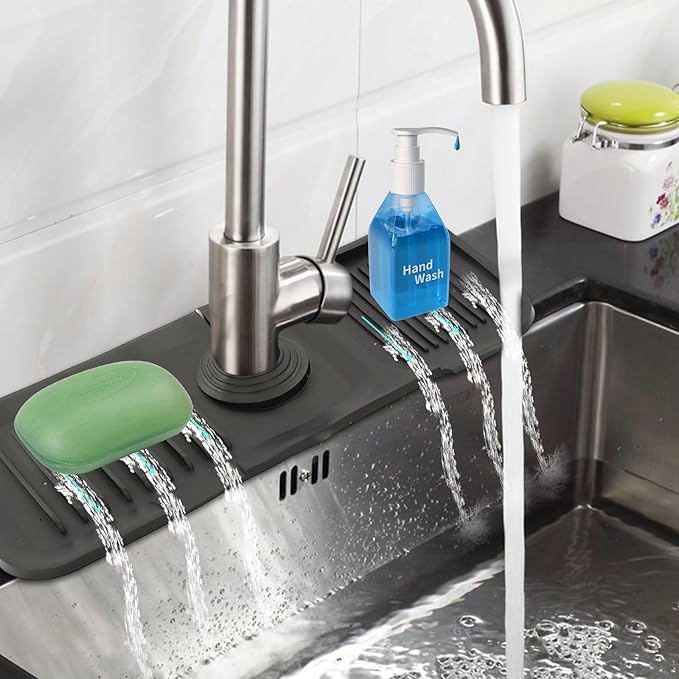 14.6 in Silicone Faucet Splash, Kitchen Sink Splash Guard, Faucet Splash Guard, Silicone Faucets Mat for Kitchen Bathroom (Black 14.6 * 5.5 * 0.7in)