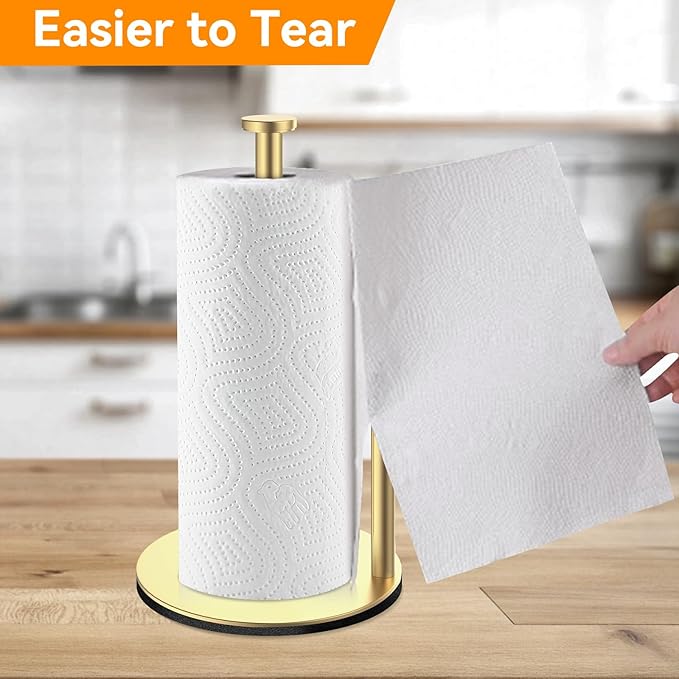 Paper Towel Holder, Gold Kitchen Roll Holder, Premium Stainless Steel Paper Towel Holder for Kitchen Rolls Organizer, Standing Paper Roll Dispenser