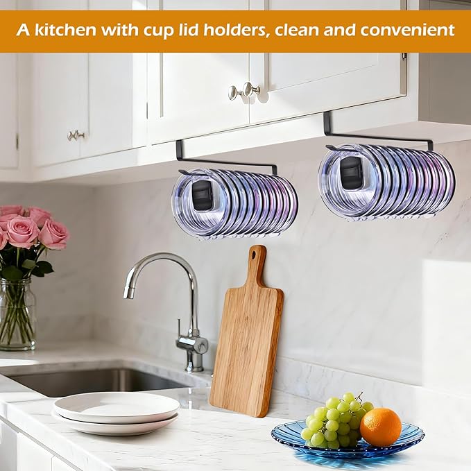 2Pack Tumbler Lid Organizer, Kitchen Space-Saving Cup Holder, Organizers for Under Cabinet Storage, No Glue or Drilling Required (Black)