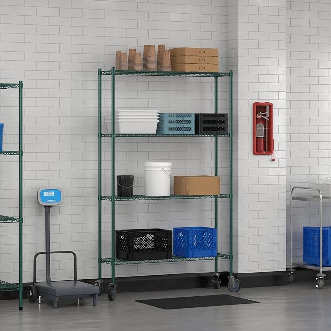 Commercial NSF Listed Green Epoxy Mobile Wire Shelving Kit 12" x 48" x 80", with 4 Shelves Perfect for Warehouse, Walk-in Refrigerator, Freezer, Grocery Store, Restaurant, Dishroom