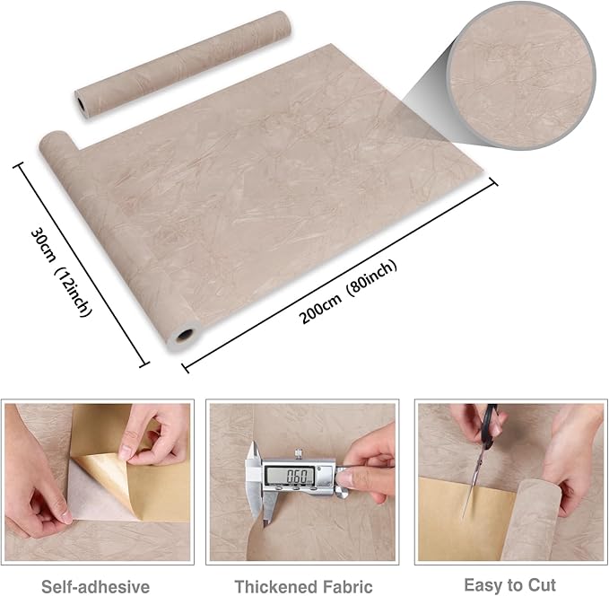 CRE8TIVE Beige Crinkle Crushed Velvet Drawer Liner 12"x80" Self Adhesive Velvet Flocking Liner for Jewelry Felt Drawer Box Lining Craft Fabric Wallpaper Beige Contact Paper for Bedroom Dresser Cabinet