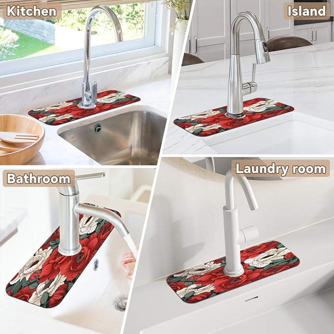 Red And White Roses Kitchen Faucet Mat Splash Guard, 15.4”x5.7” Absorbent Quick Drying Sink Mat for Countertop Protection, Draining Mat Sink Protectors For Kitchen Bathroom, 1 Pack