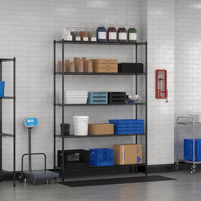 Commercial NSF Listed Black Epoxy Stationary Wire Shelving Kit 14" x 60" x 86", with 5 Shelves Perfect for Warehouse, Walk-in Refrigerator, Freezer, Grocery Store, Restaurant, Dishroom