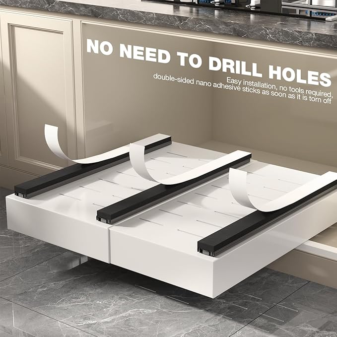 1 Pack Pull Out Cabinet Organizer 21" Deep,Full Extension 3 Slide Rails Slide Out Drawers With Raising Pad for Framed Cabinets,Expandable Width (12.3"-20.5"),No Drill Roll Out Shelves,White