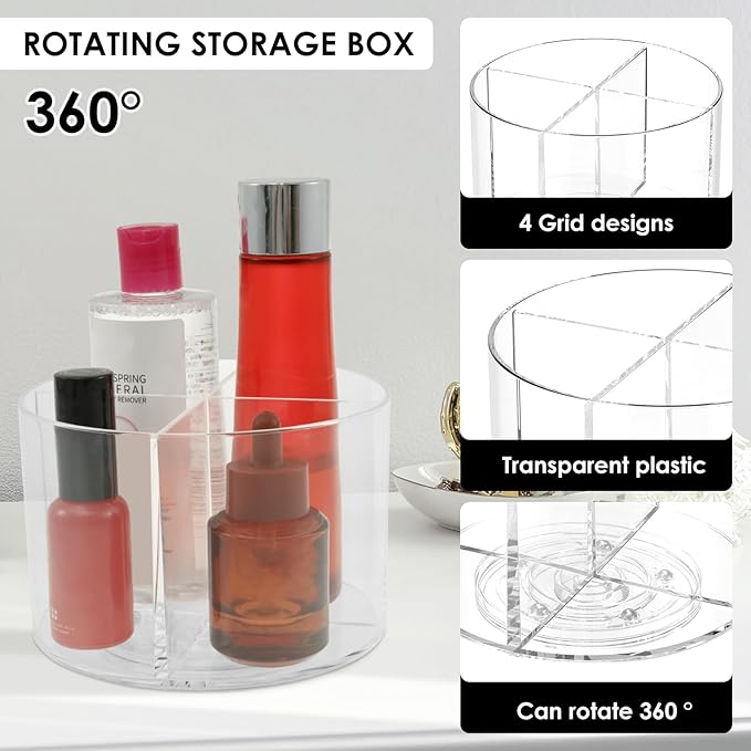 Drinks Packet Organizer, Lazy Susan Rotating Storage, Clear Flavor Packet Holder, 4 Compartments, Transparent, 360 Rotation