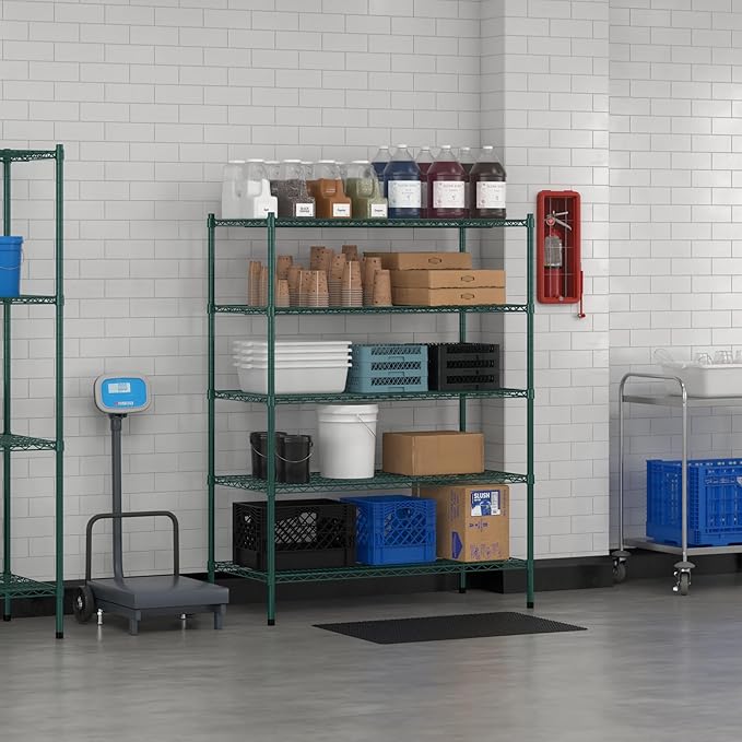 Commercial NSF Listed Green Epoxy Stationary Wire Shelving Kit 24" x 48" x 64", with 5 Shelves Perfect for Warehouse, Walk-in Refrigerator, Freezer, Grocery Store, Restaurant, Dishroom