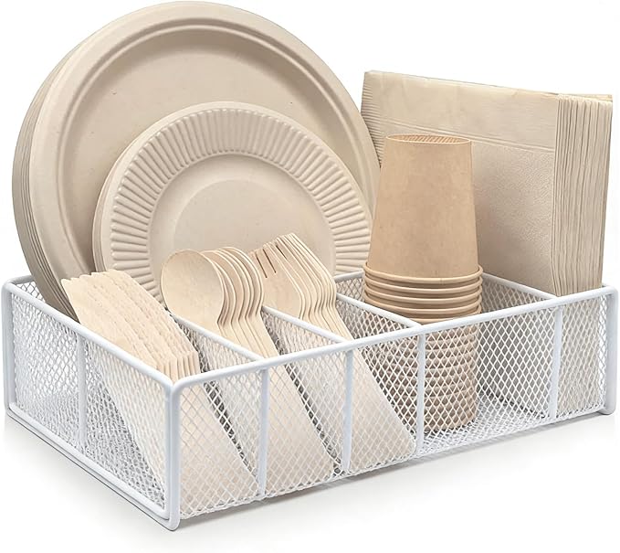 Metal Paper Plate Holder - Utensil Silverware Caddy for Kitchen Counter Cabinet Cutlery Flatware Organizer Storage Dispenser Box for Plastic Spoon Fork Plates Napkins Cup Party Camping White