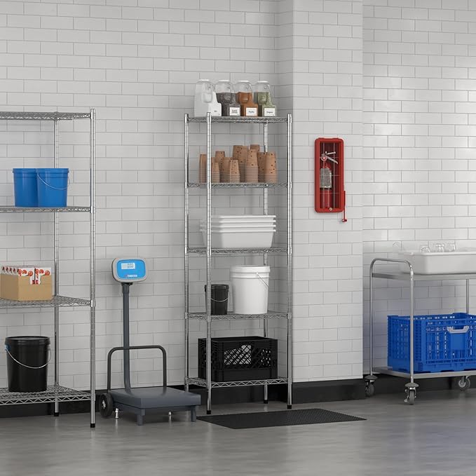 Commercial NSF Listed Chrome Stationary Wire Shelving Kit 14" x 24" x 74", with 5 Shelves Perfect for Warehouse, Walk-in Refrigerator, Freezer, Grocery Store, Restaurant, Dishroom