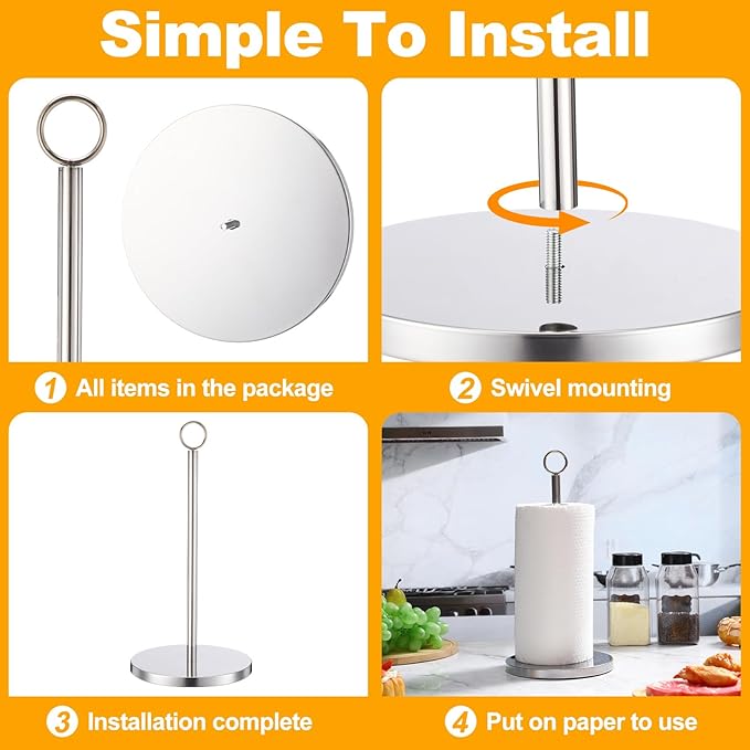 LemonRoad 6 Pcs Paper Towels Holder Countertop Bulk Stainless Steel Weighted Base Vertical Paper Towels Stand Holder for Kitchen Bathroom Essentials, Silver