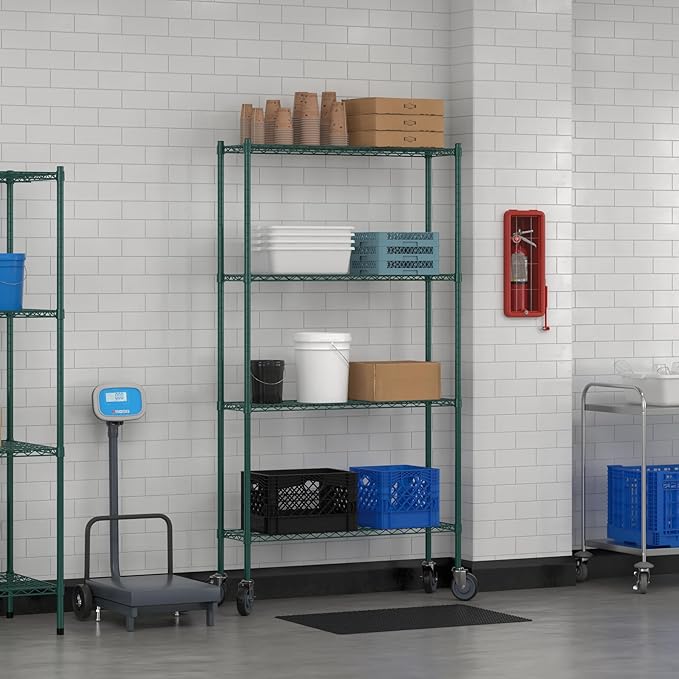 Commercial NSF Listed Green Epoxy Mobile Wire Shelving Kit 12" x 42" x 80", with 4 Shelves Perfect for Warehouse, Walk-in Refrigerator, Freezer, Grocery Store, Restaurant, Dishroom