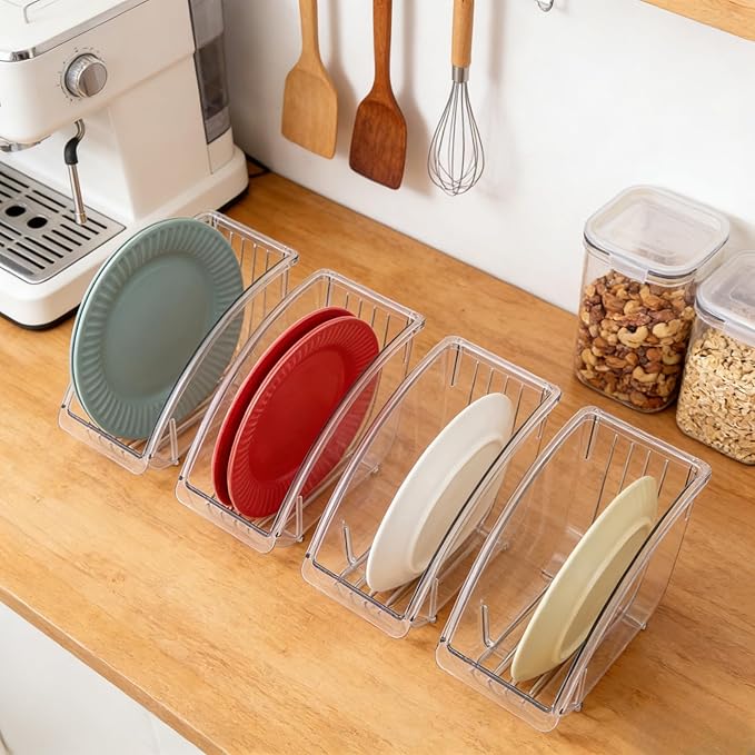4 Pack 10 Inch Paper Plate Holder, Plastic Plates Dispenser Organizer, Under Cabinet Vertical Dinner Dish Drainer, Reusable Plate Drying Rack, Salad Dessert Dish Cradle for Kitchen Countertop