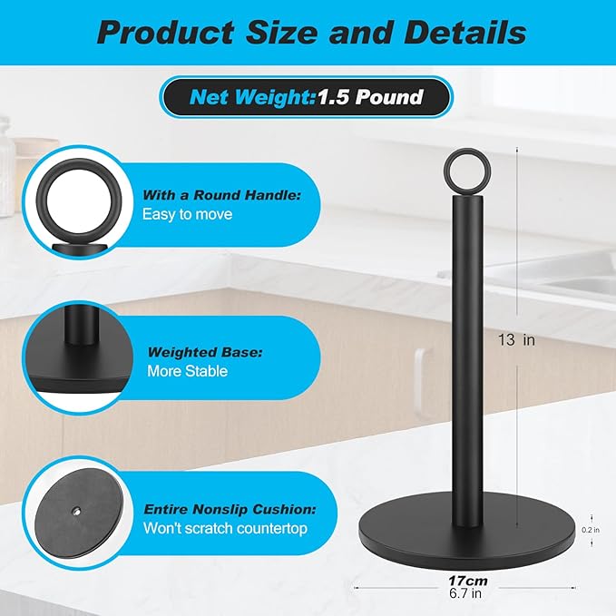 Paper Towel Holder Countertop, Black Paper Towel Holders, Stainless Steel Countertop Paper Towels Holders, Kitchen PaperRoll Holder, Non-Slip Standing Paper Towel Holders