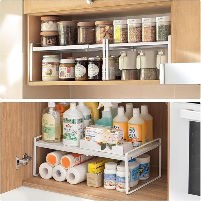 Expandable Cabinet Countertop Shelves, Stackable Shelves Organizers for Kitchen Cabinet Countertop Storage, Adjustable Counter Pantry Organizer Shelf Rack Stand